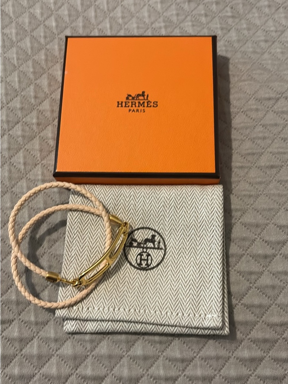 Hermes Pale Pink Braided Double-Wrap Bracelet with Gold Hardware